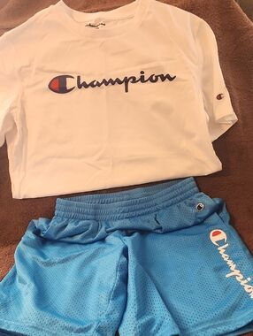 Champion White Logo Tee with Bright Blue Athletic Shorts